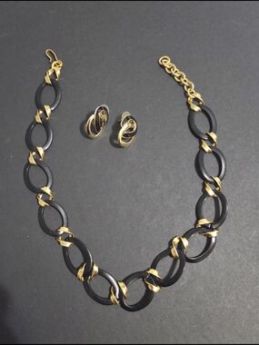 Gold Tone & Black Enamel Link Necklace & 2 Pair Earring Set